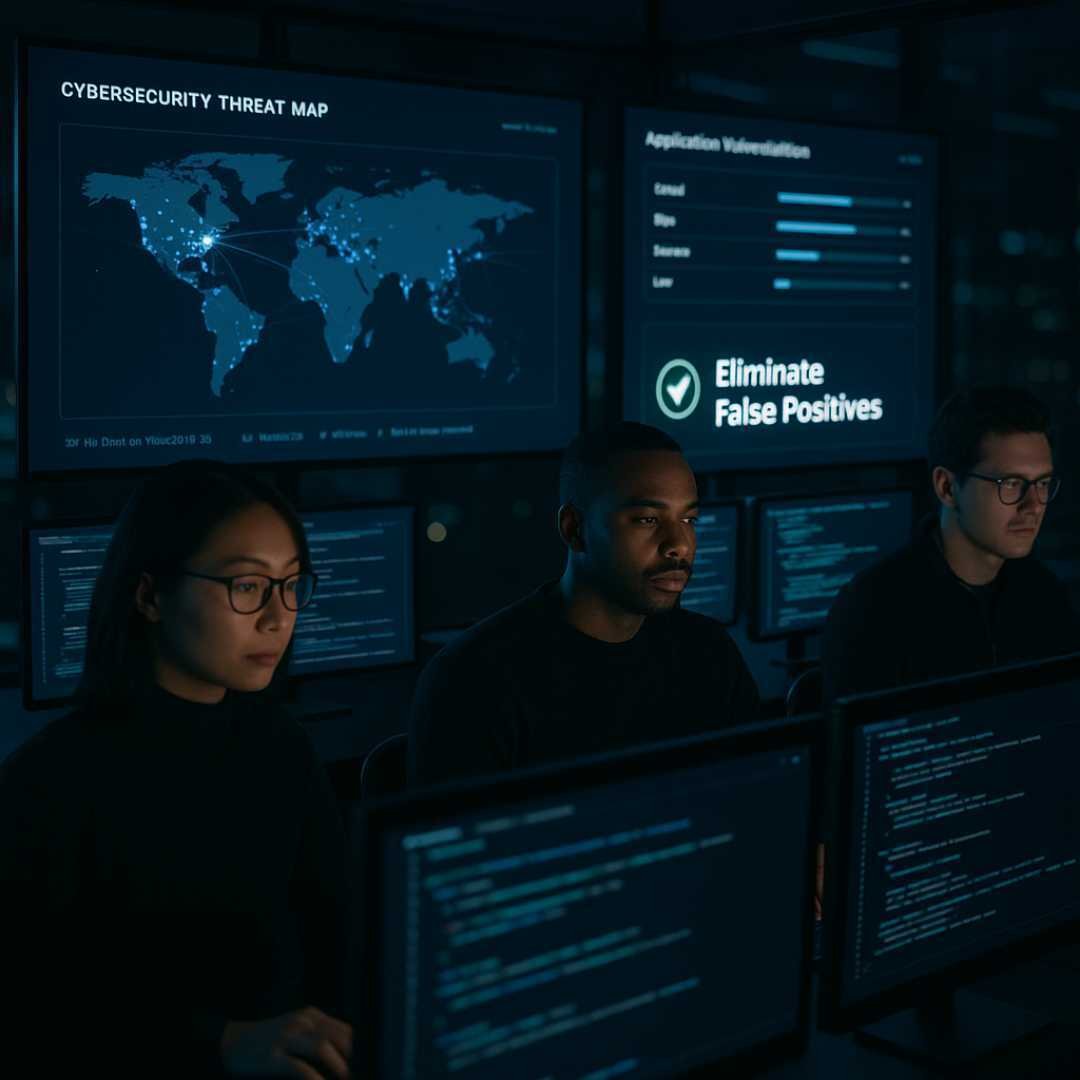 Cybersecurity experts monitoring real-time threat maps and application vulnerabilities in a dark control room — showcasing managed application security testing by True Positives with a focus on eliminating false positives and expert-validated result